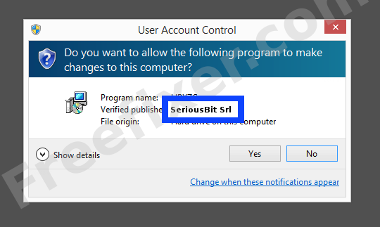 Screenshot where SeriousBit Srl appears as the verified publisher in the UAC dialog